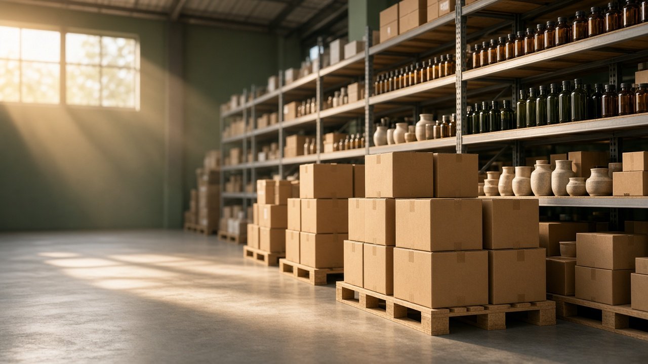 Wholesale warehouse shelves stocked with cartons, supplement bottles and home goods